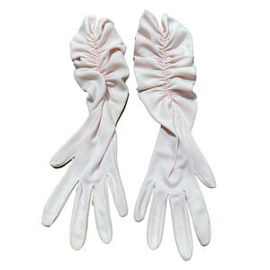 Vintage Light Pale PINK Cotton Formal Gloves Below Elbow Ruched Elastic Details